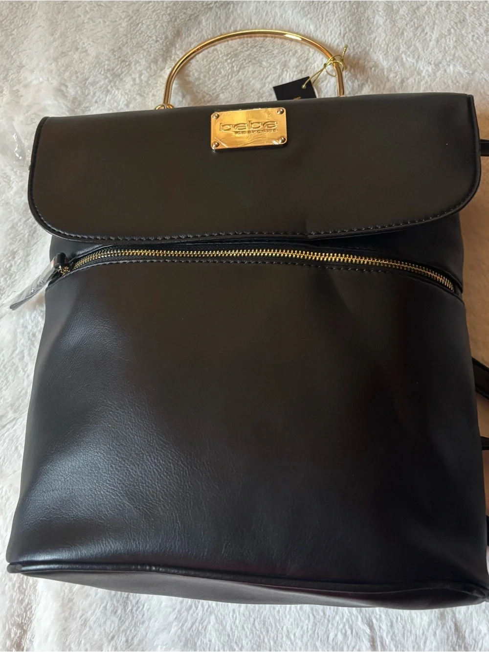 bebe Black Faux Leather Backpack with Gold Handle & Plaque
